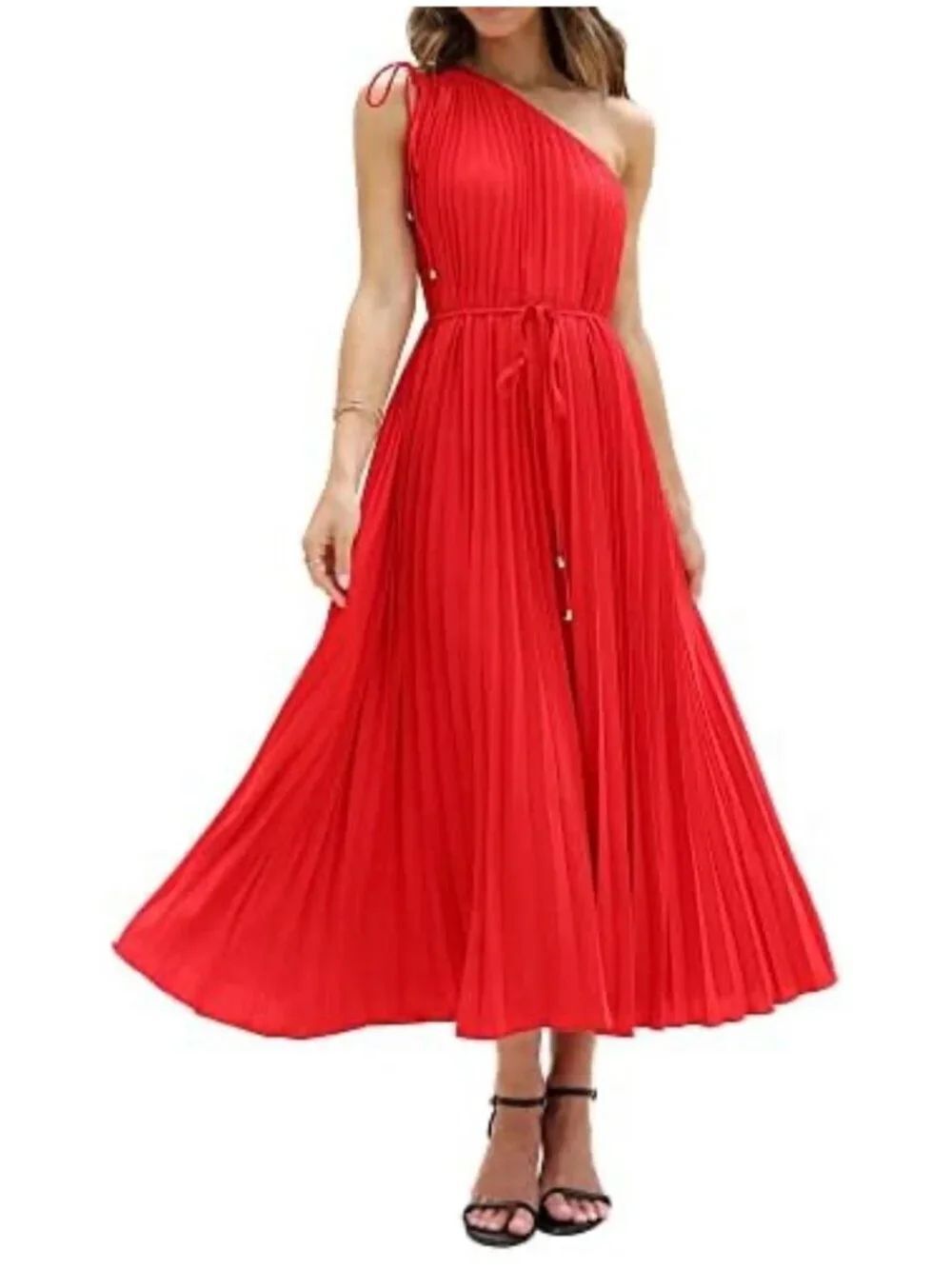BTFBM Women's Red One Shoulder Drawstring Accordion Pleated Dress Size M